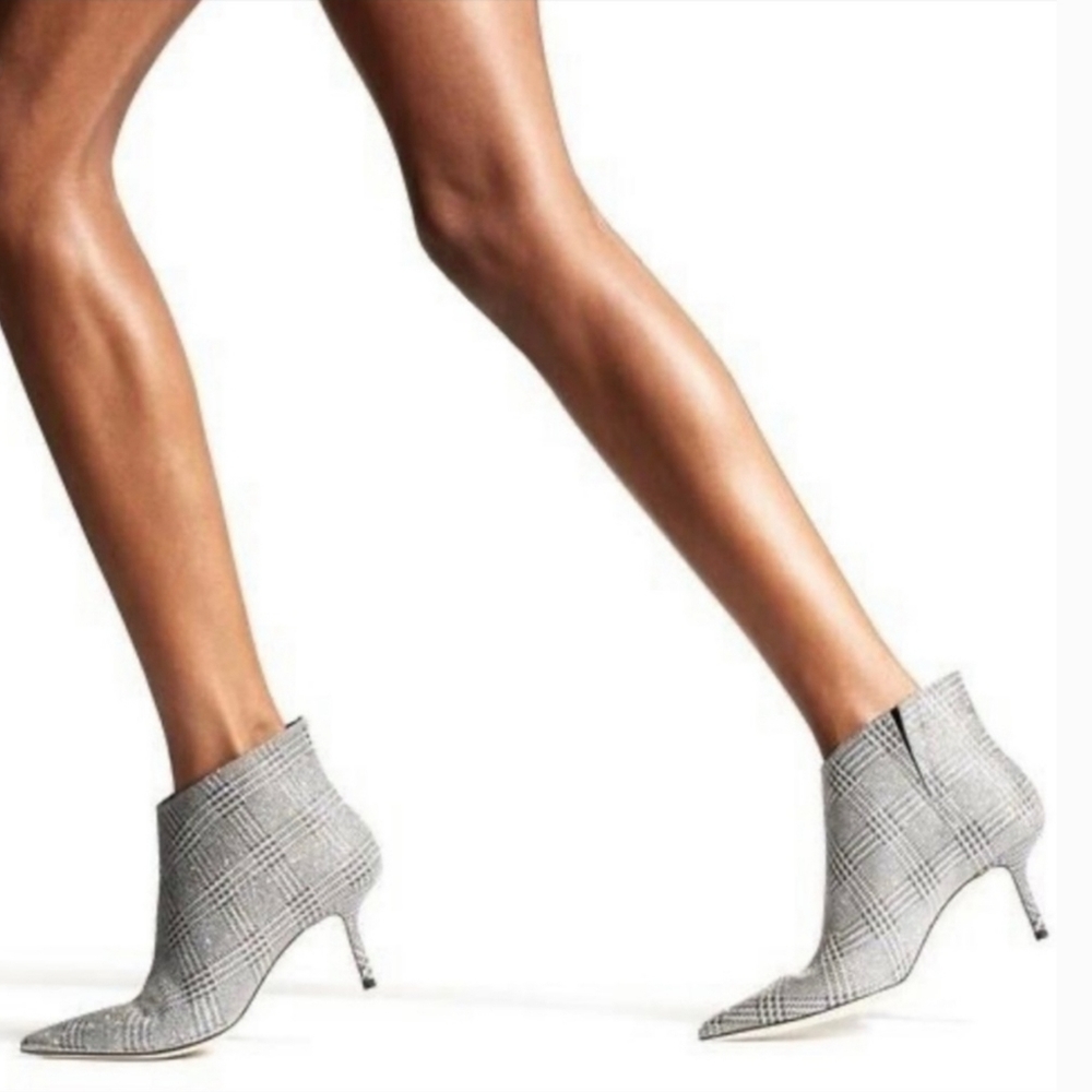 Jimmy Choo Marinda 65 Glitter Silver Plaid Print Ankle boots Size 41 - Picture 3 of 12